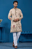 Spectacular Beige Thread Embroidered Viscose Silk Wedding For Men Kurta