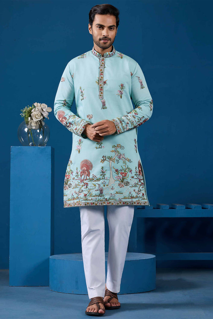 Precious Sky-Blue Thread Work Viscose Silk Traditional Men Kurta