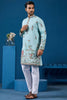 Precious Sky-Blue Thread Work Viscose Silk Traditional Men Kurta