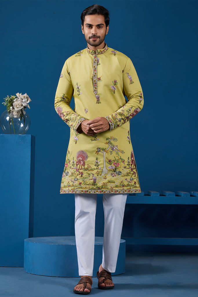 Adorable Yellow Thread Work Viscose Silk Haldi Wear Men Kurta