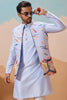 Lovable Sky-Blue Thread Work Silk Men Kurta With Pant And Jacket