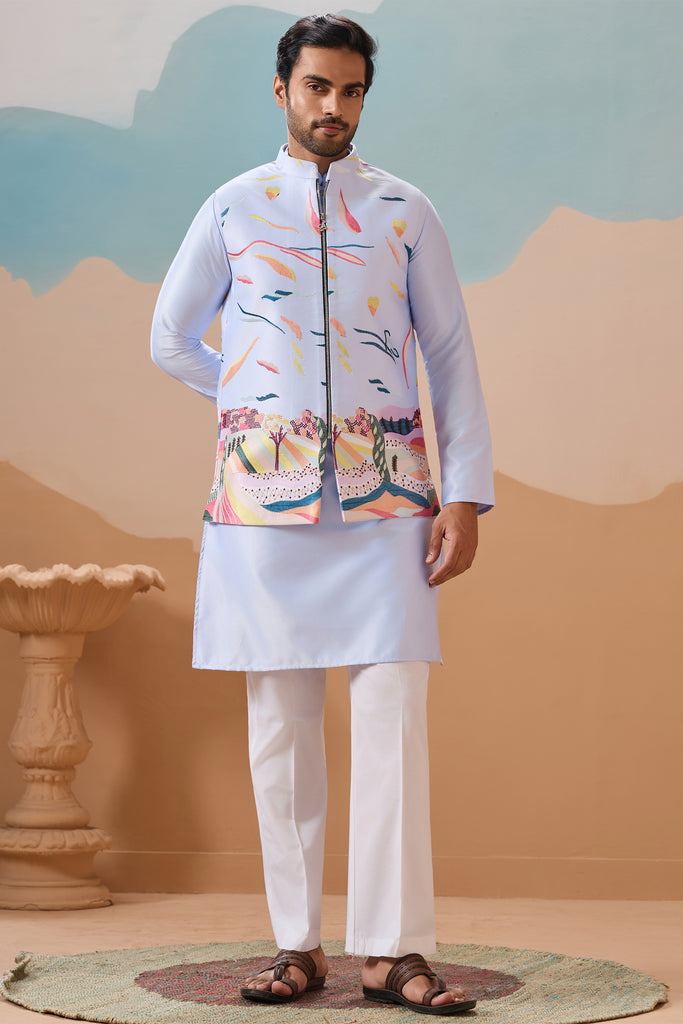 Lovable Sky-Blue Thread Work Silk Men Kurta With Pant And Jacket