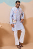 Lovable Sky-Blue Thread Work Silk Men Kurta With Pant And Jacket