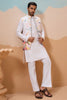 Mesmerizing White Thread Embroidered Silk Men Kurta With Pant And Jacket