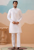 Mesmerizing White Thread Embroidered Silk Men Kurta With Pant And Jacket