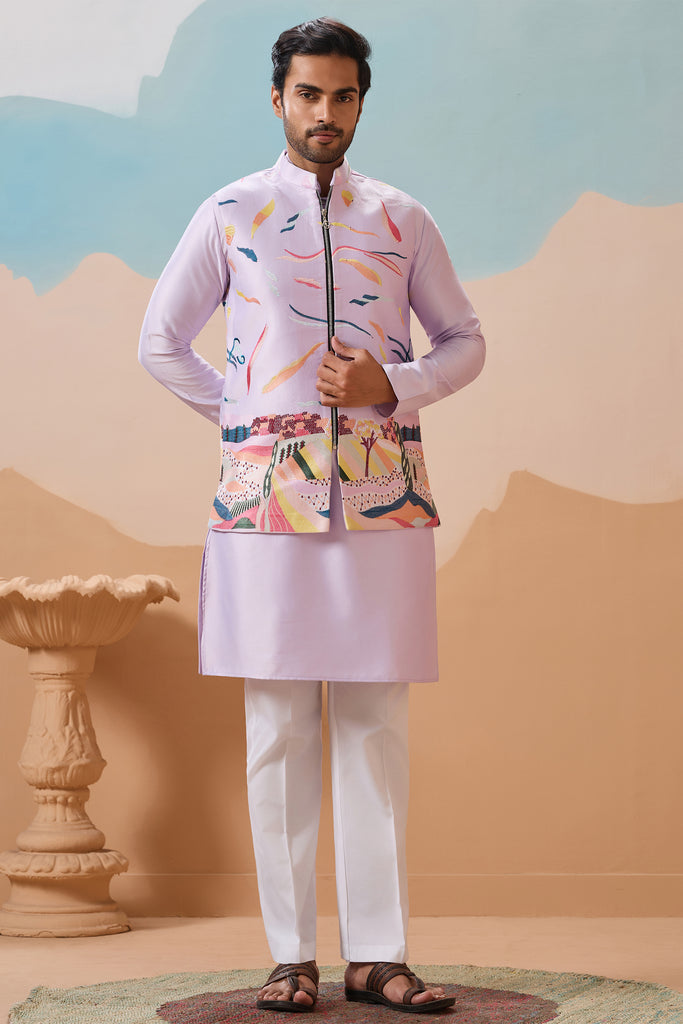Astonishing Lavender Thread Work Silk Wedding For Men Kurta With Pant And Jacket