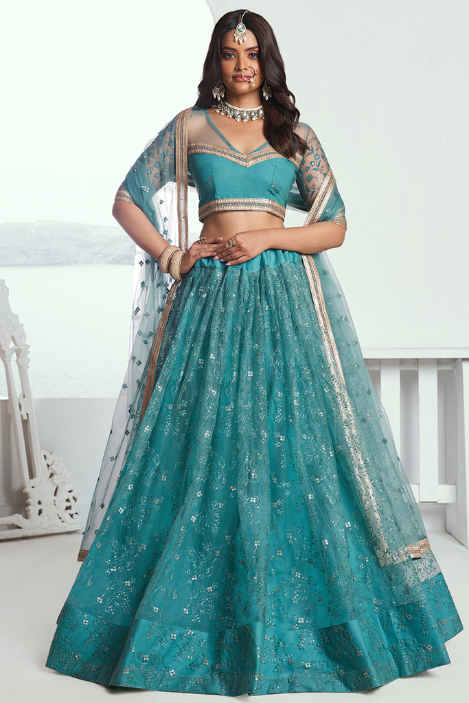 Gorgeous Teal Green Embroidered Net Lehenga Choli With Dupatta