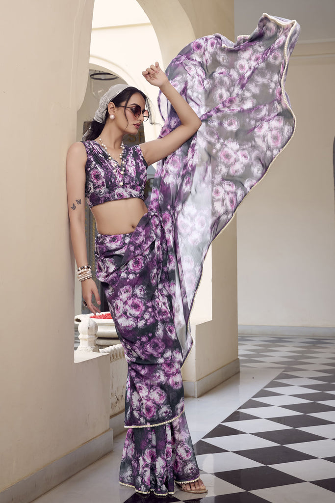 Wonderful Grey Floral Printed Georgette Casual Wear Saree With Blouse
