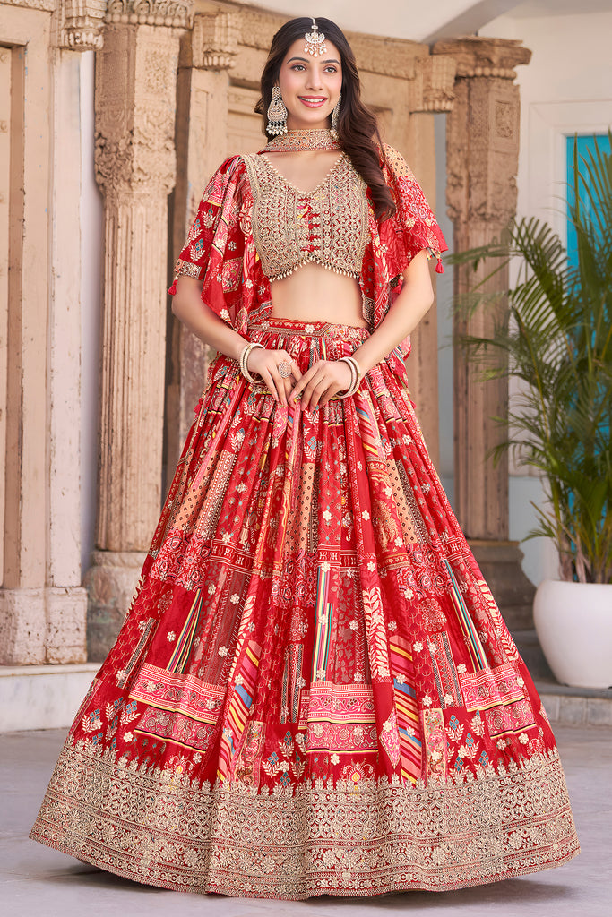 Enchanting Red Zari Embroidered Chinon Wedding Wear Lehenga Choli