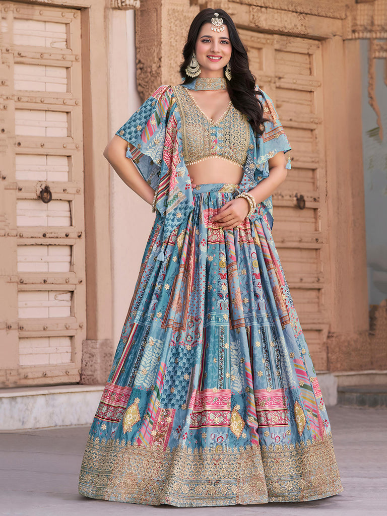 Magnetic Sky-Blue Digital Printed Chinon Sangeet Wear Lehenga Choli
