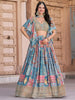 Magnetic Sky-Blue Digital Printed Chinon Sangeet Wear Lehenga Choli