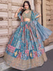 Magnetic Sky-Blue Digital Printed Chinon Sangeet Wear Lehenga Choli