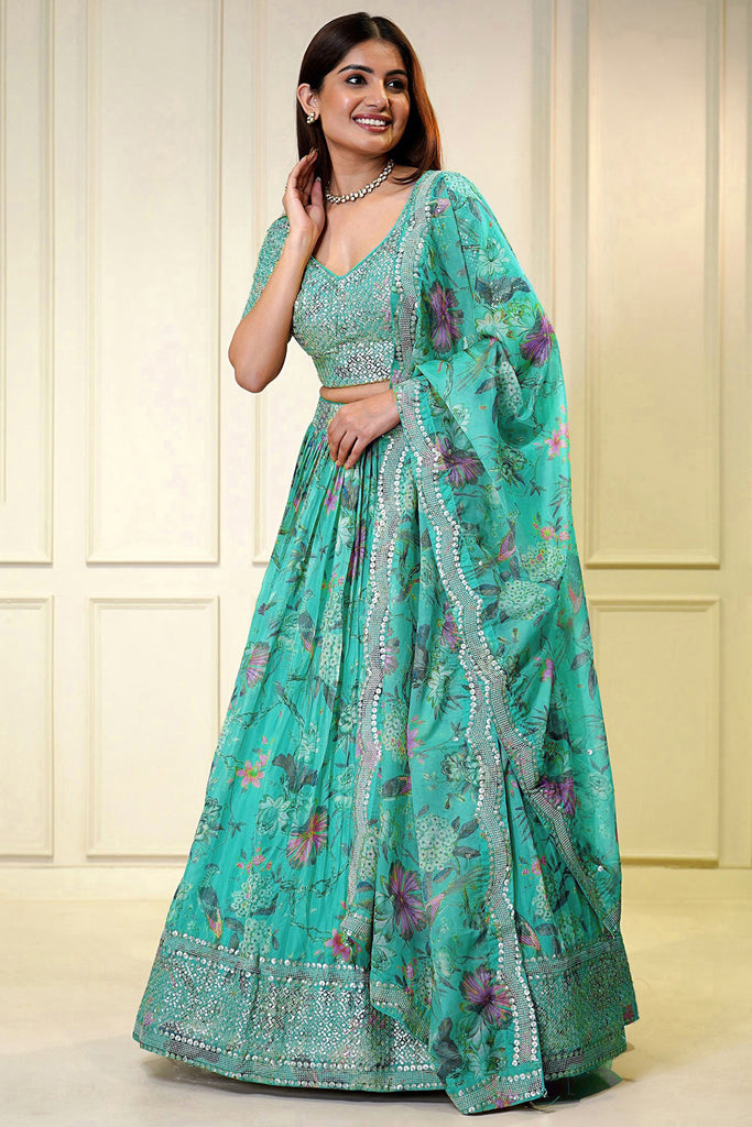 Attractive Turquoise Sequins Organza Event Wear Lehenga Choli