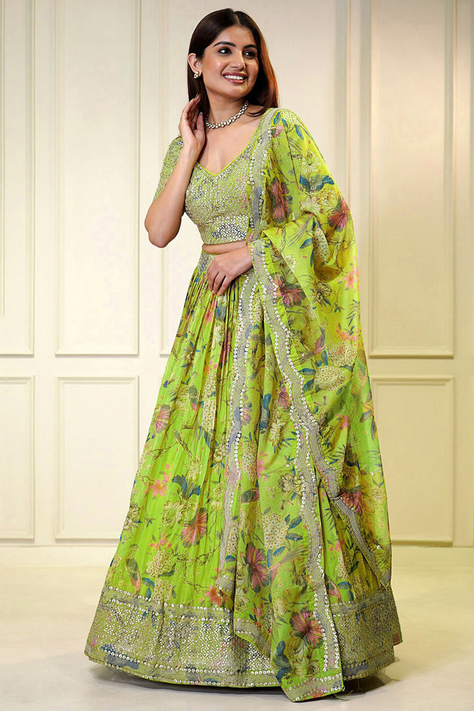 Charming Neon Green Printed Organza Festival Wear Lehenga Choli