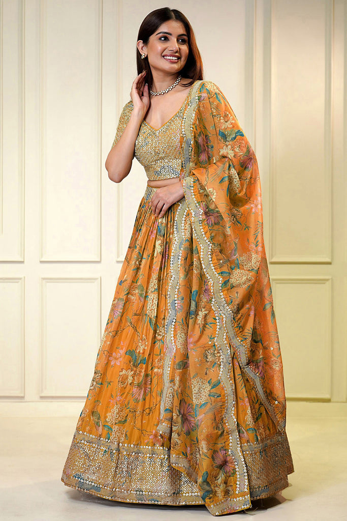 Marvelous Orange Printed Organza Sangeet Wear Lehenga Choli