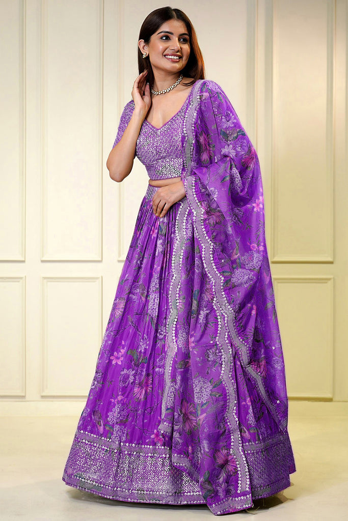 Captivating Purple Sequins Organza Engagement Wear Lehenga Choli