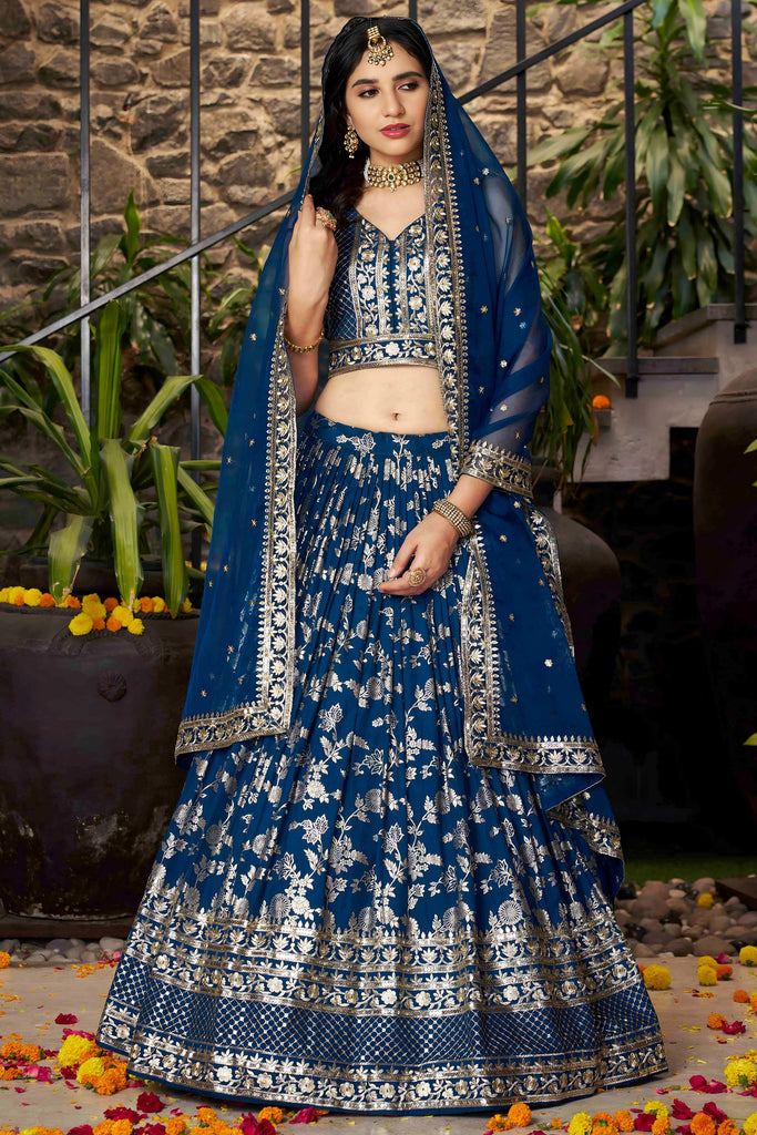 Beautiful Dove Blue Zari Work Silk Traditional Lehenga Choli With Dupatta