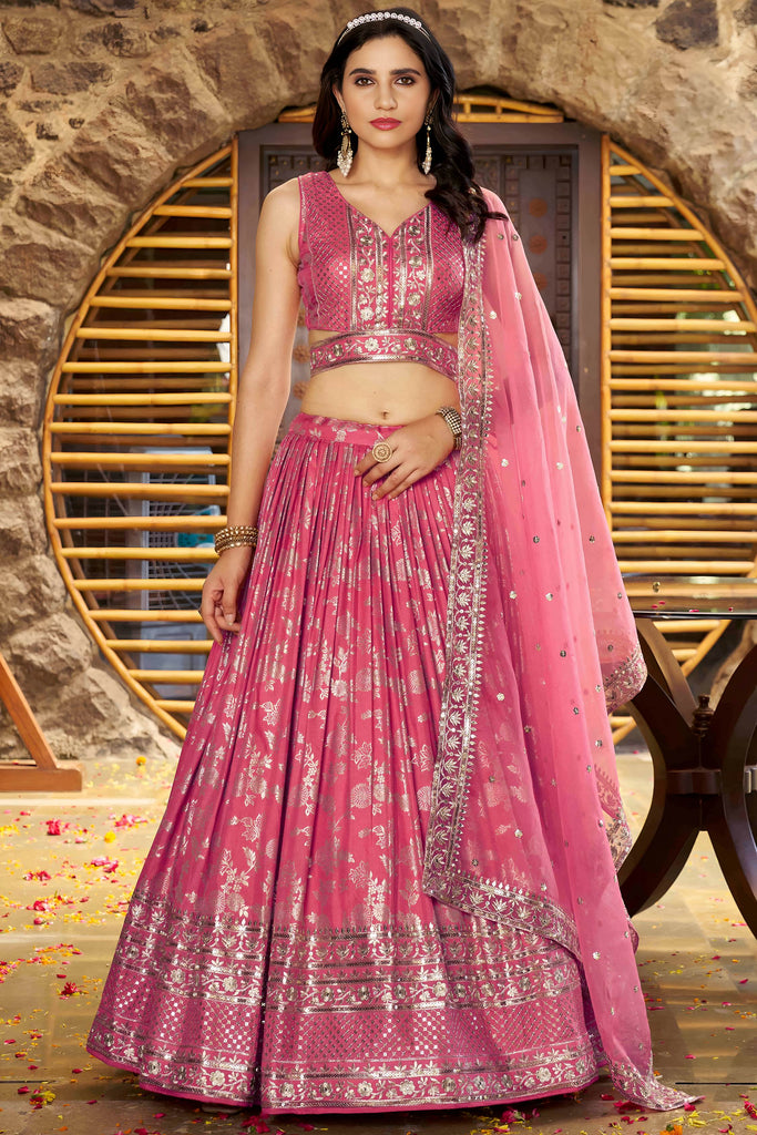 Precious Peach Zari Work Engagement Wear Lehenga Choli With Dupatta