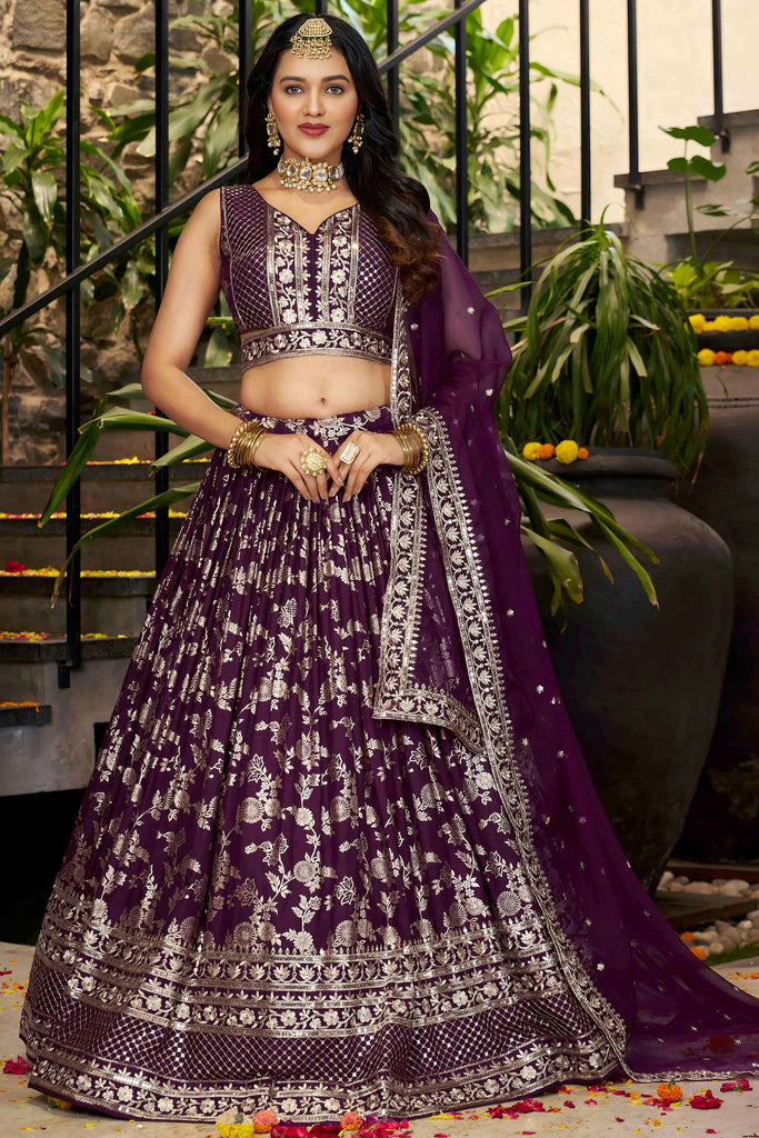 Astonishing Wine Zari Work Silk Wedding Lehenga Choli With Dupatta