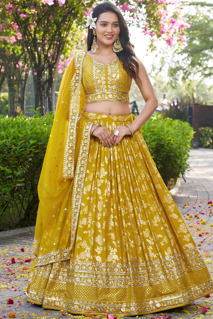 Amazing Yellow Thread Embroidery Silk Festival Wear Lehenga Choli