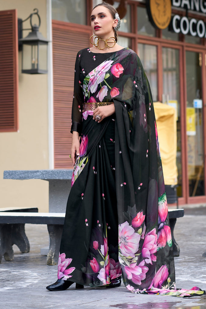 Beautiful Black Floral Printed Georgette Party Wear Saree With Blouse