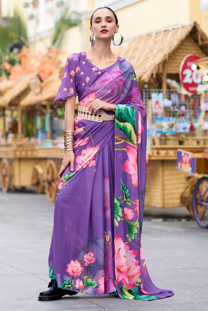 Stunning Purple Floral Printed Georgette Event Wear Saree With Blouse