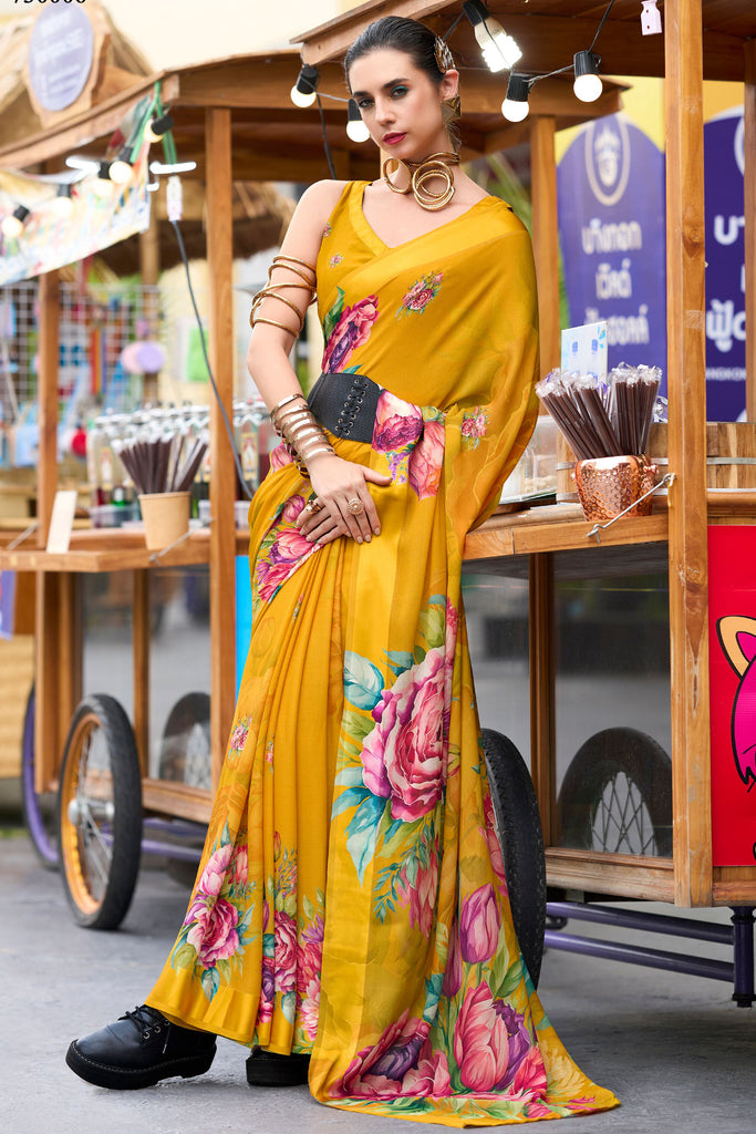 Glamorous Mustard Yellow Floral Printed Georgette Event Wear Saree