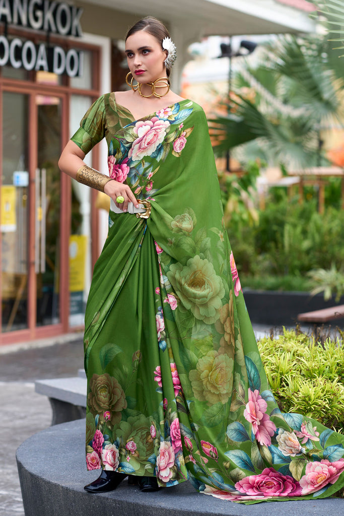 Amazing Green Floral Printed Georgette Event Wear Saree With Blouse