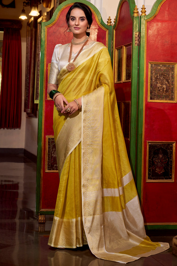 Beautiful Yellow Zari Weaving Jacquard Traditional Saree With Blouse