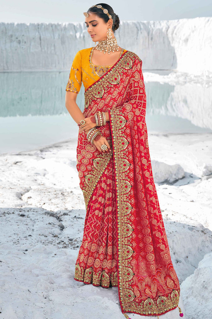 Lovely Red Bandhani Printed Georgette Wedding Wear Saree With Blouse