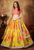 Adorning Yellow Digital Printed Organza Silk Wedding Semi Stitched Lehenga Choli With Orange Blouse