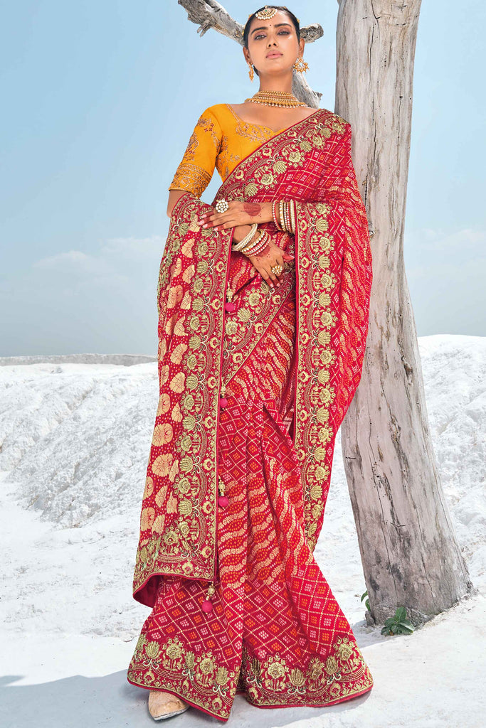 Charming Red Bandhani Printed Georgette Event Wear Saree With Blouse