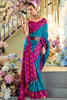 Beautiful Teal Blue Floral Print Silk Event Wear Saree With Blouse