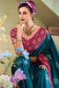 Glamorous Teal Blue Floral Print Silk Event Wear Saree With Blouse