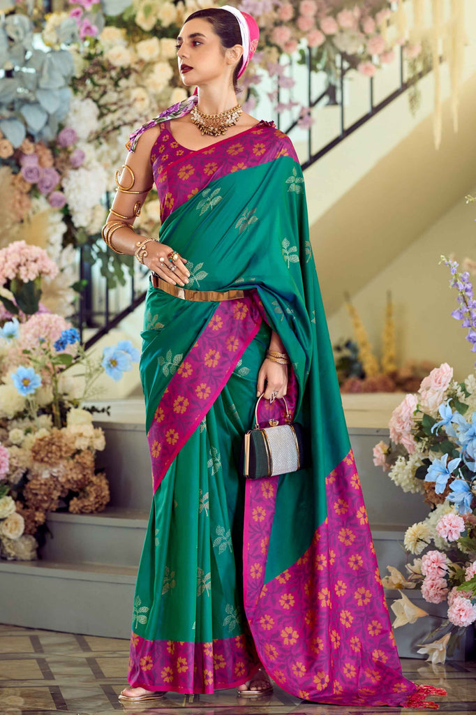 Startling Teal Green Floral Print Silk Festival Wear Saree With Blouse