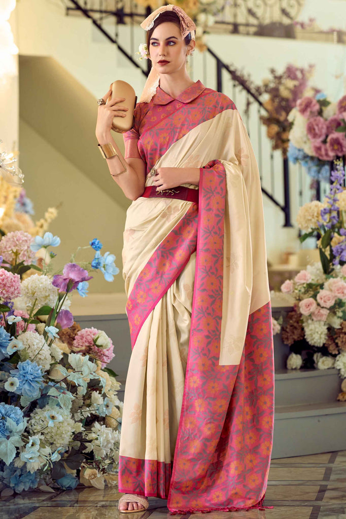 Astonishing Beige Floral Print Silk Function Wear Saree With Blouse