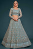 Surprising Aqua Blue Embroidered Soft Net Lehenga Choli With Dupatta