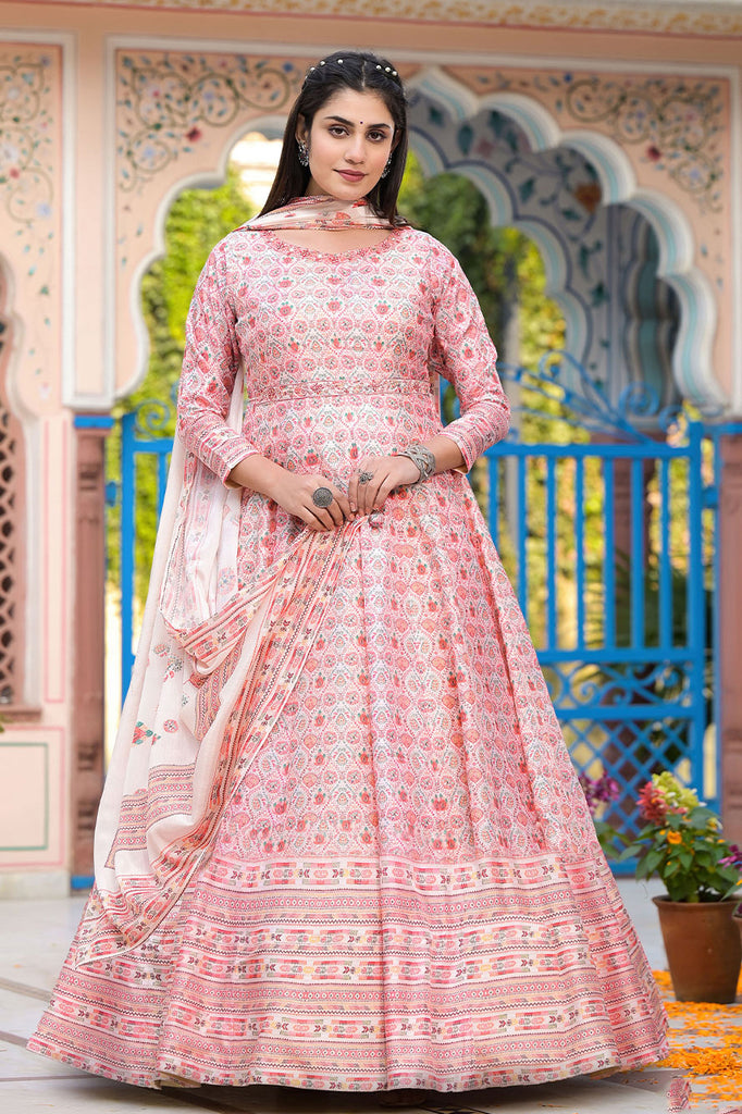 Captivating Light Pink Digital Printed Silk Traditional Gown With Dupatta