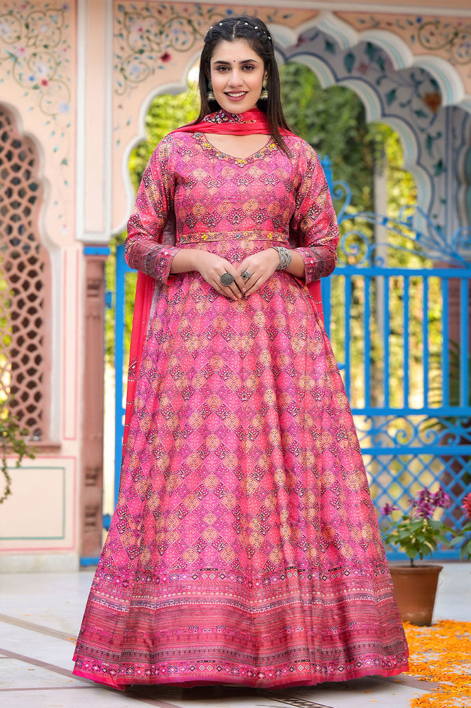 Enchanting Pink Digital Printed Dola Silk Festival Wear Gown