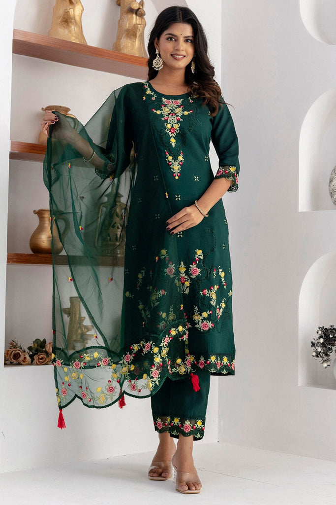 Winsome Green Floral Embroidery Viscose Silk Festival Wear Pant Suit