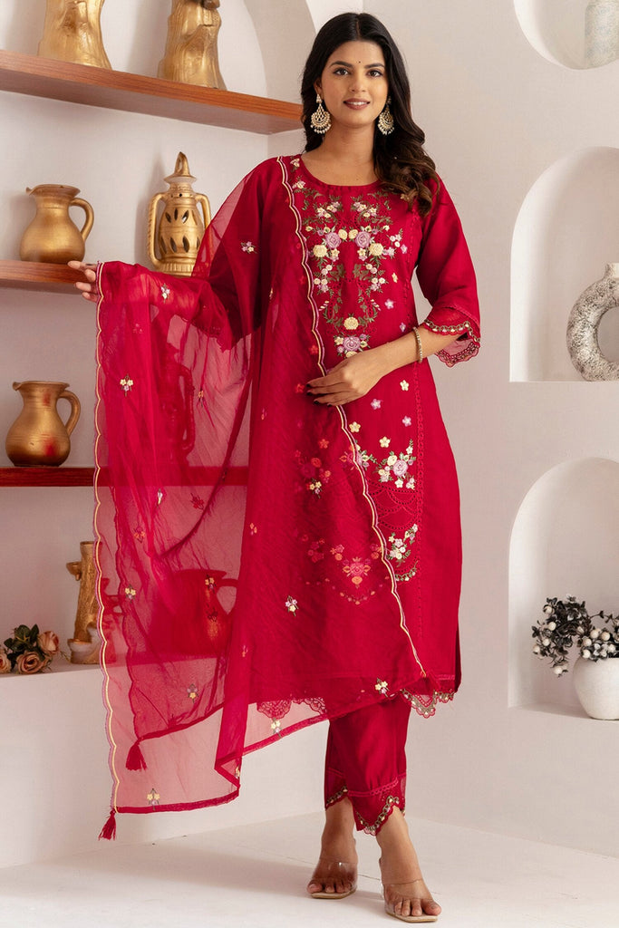 Incredible Red Floral Embroidery Viscose Silk Festival Wear Pant Suit