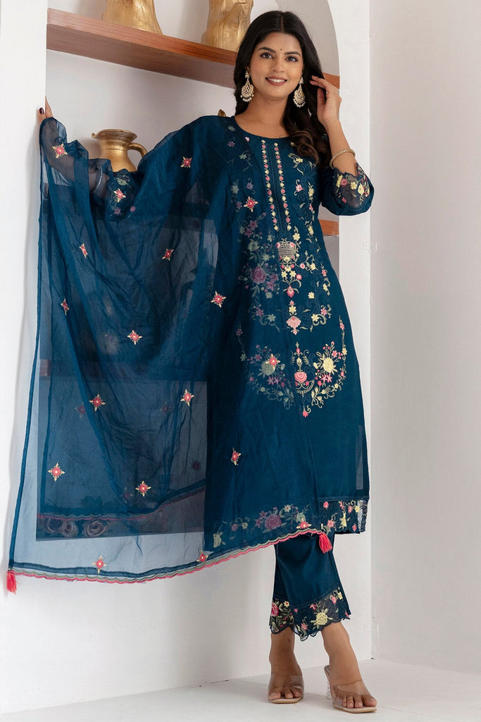 Fantastical Teal Blue Floral Embroidery Viscose Silk Pant Suit