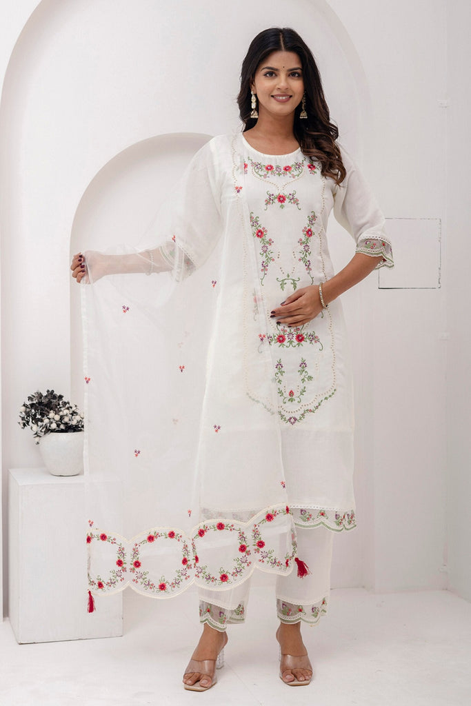 Wonderful White Floral Embroidery Viscose Silk Traditional Pant Suit