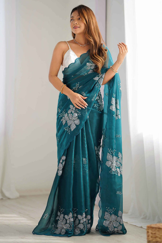 Awesome Teal Blue Sequins Organza Function Wear Saree With Blouse