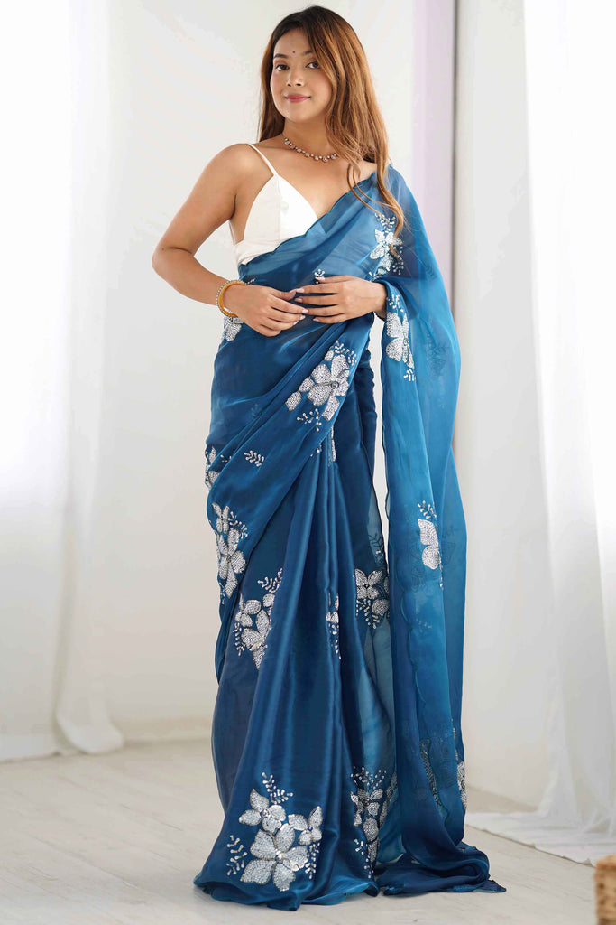 Fabulous Blue Sequins Organza Festival Wear Saree With Blouse