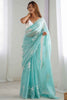 Lovely Sky-Blue Sequins Organza Party Wear Saree With Blouse