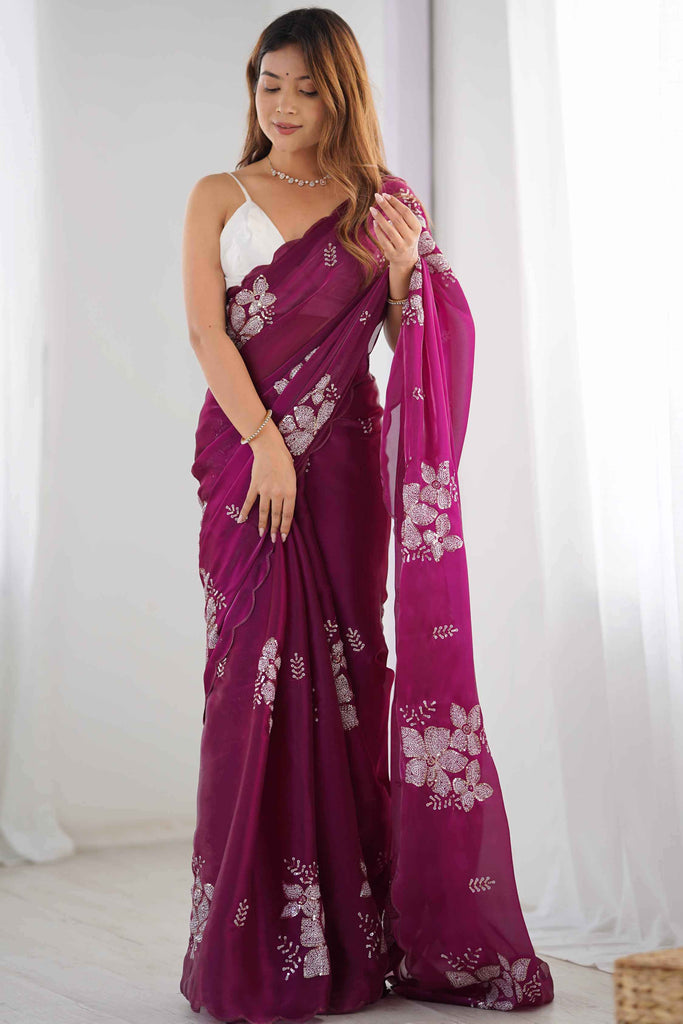 Delightful Wine Color Sequins Organza Event Wear Saree With Blouse