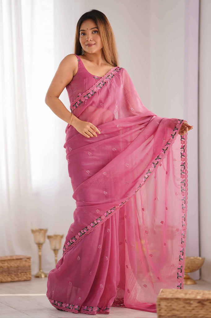 Captivating Pink Embroidered Silk Event Wear Saree With Blouse