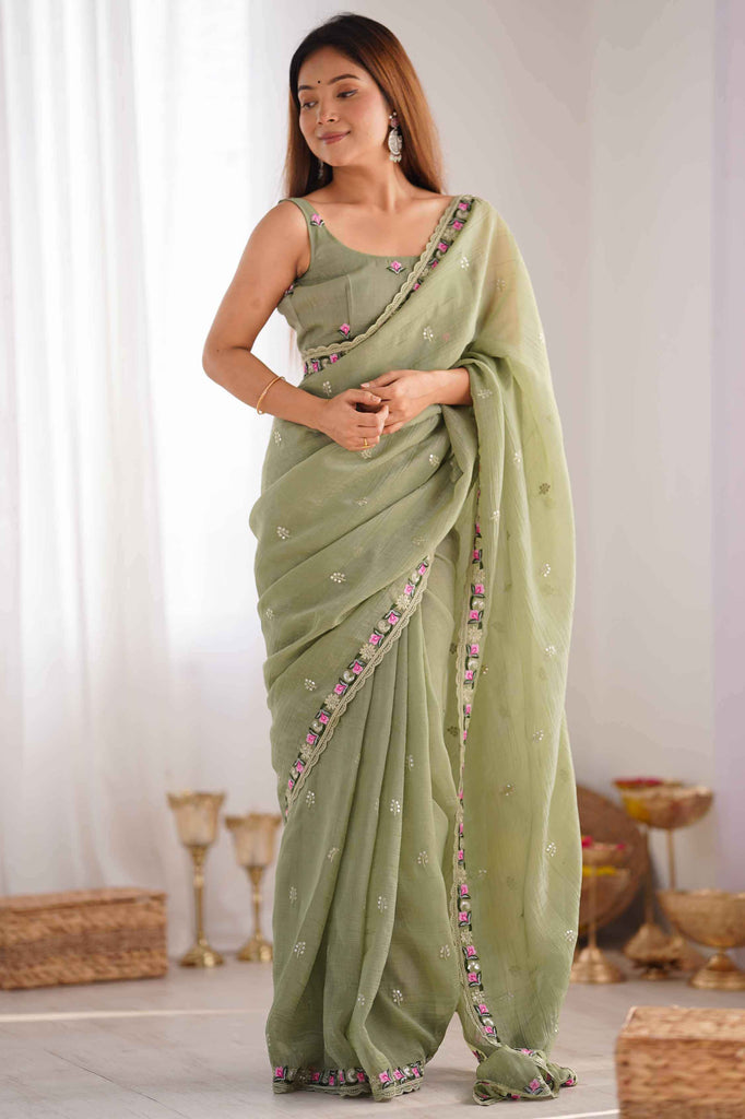 Stunning Pista Green Embroidered Silk Mehendi Wear Saree With Blouse