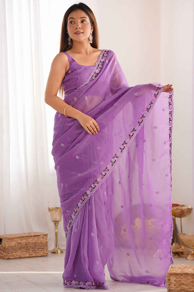 Shocking Light Purple Embroidered Silk Party Wear Saree With Blouse